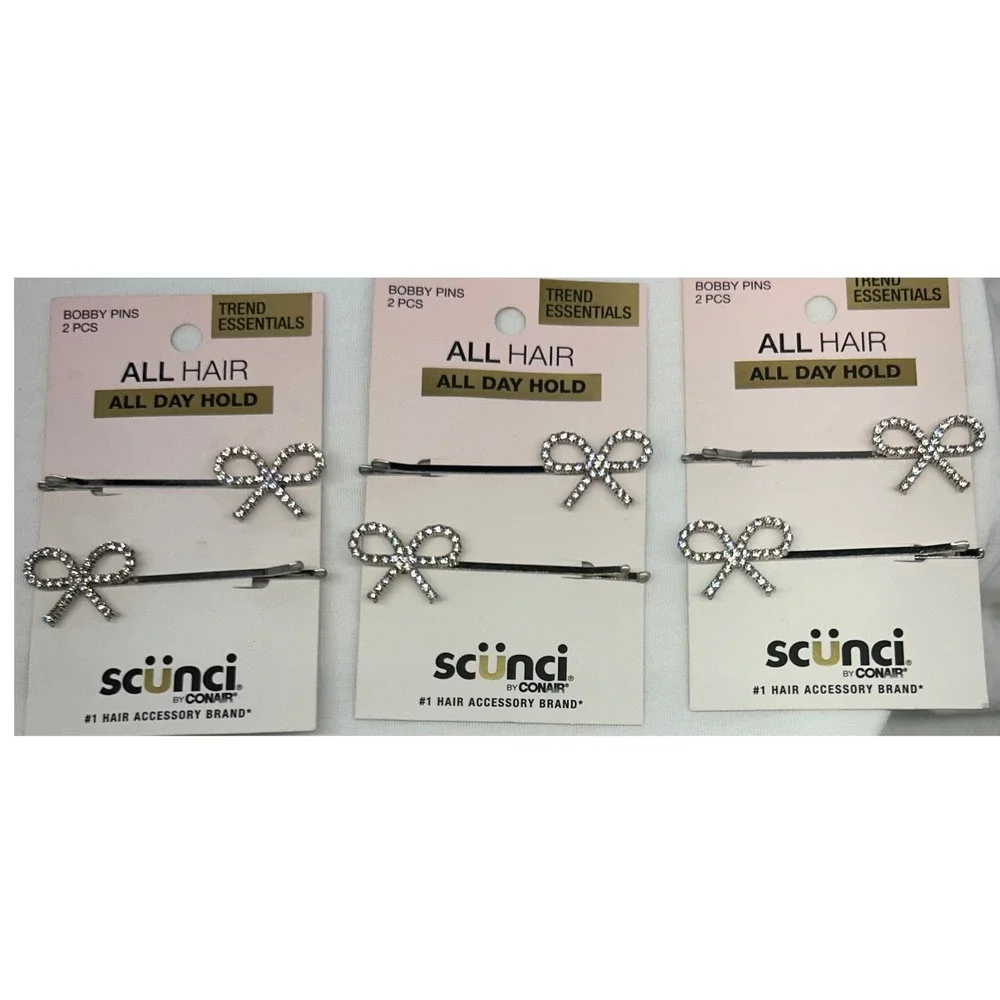 Scunci Silver Rhinestone‎ Bow Bobby Pins 3 Packs 6 Total All Day Hold Hair Clips